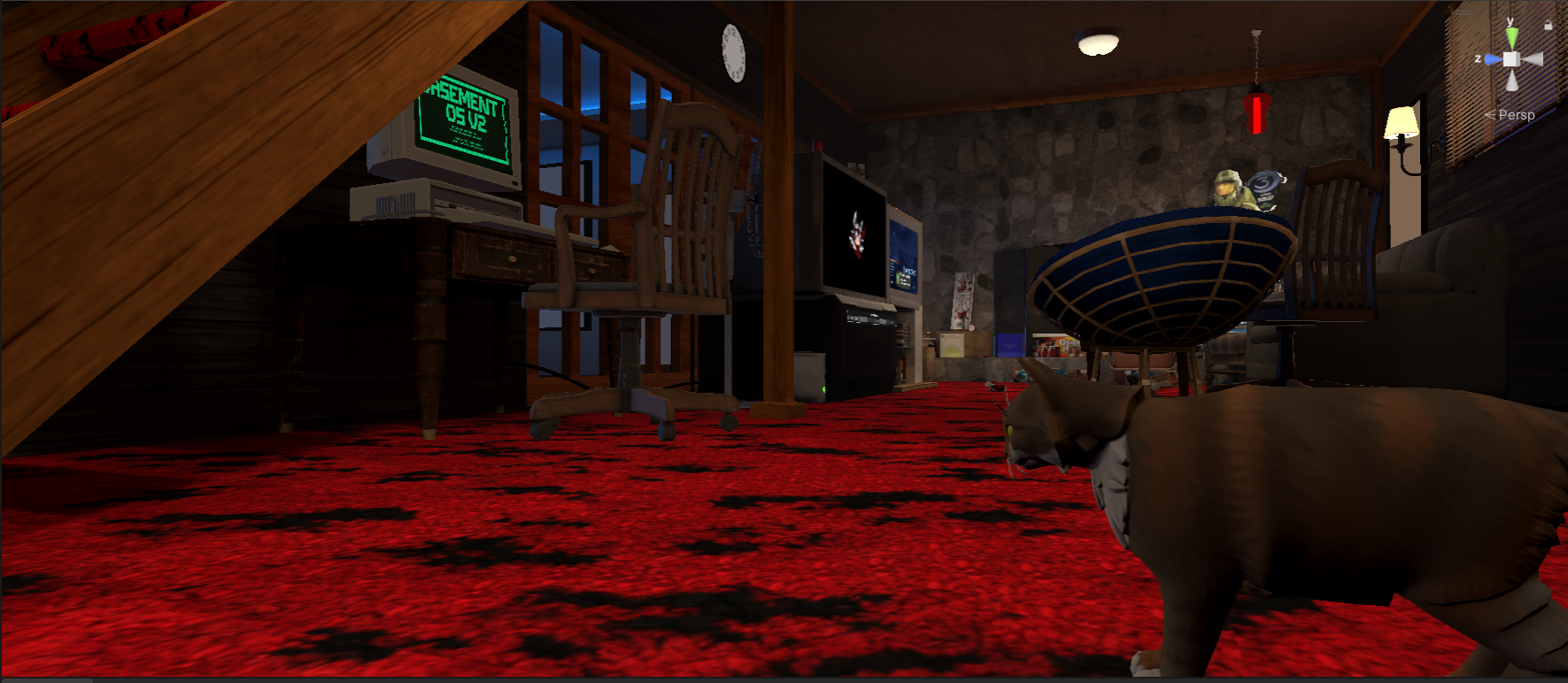 Rags the cat wandering through the basement