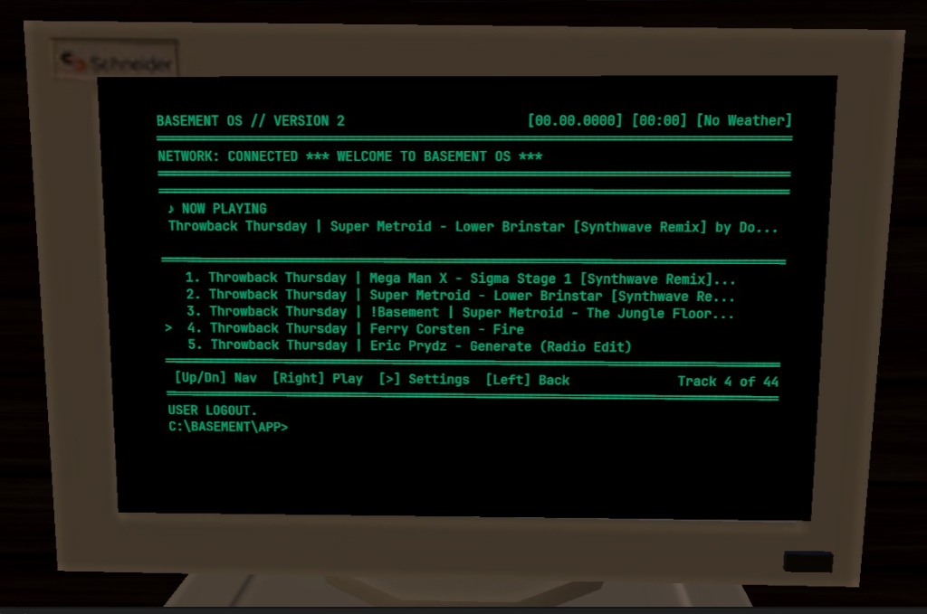 After: MUSIC.EXE running in Basement OS—terminal-native playlist browser with keyboard navigation